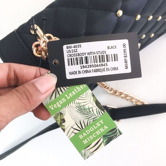 Badgley Mischka Crossbody Purse Bag Black Quilted Gold Studs Chain Faux Leather - Picture 10 of 10